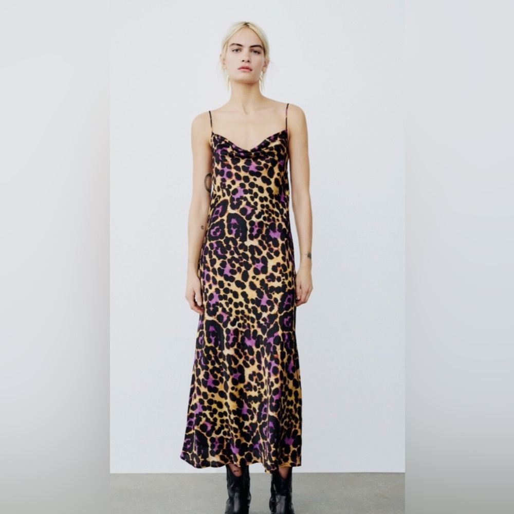 Zara Satin printed slip lined Dress with a Leopard Black, Purple, Brown print. - Picture 3 of 17